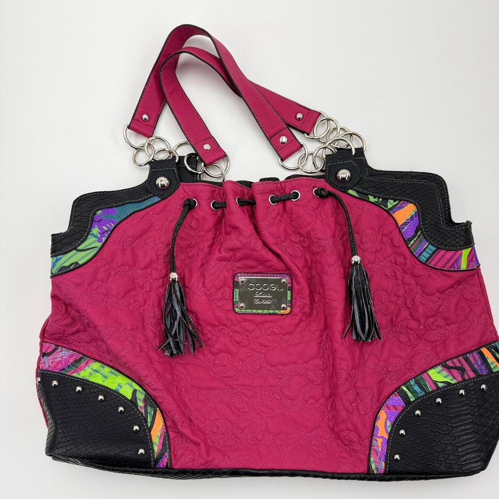 COOGI Australia Y2K Fuchsia Quilted Hobo Shoulder Bag Snakeskin Tassels